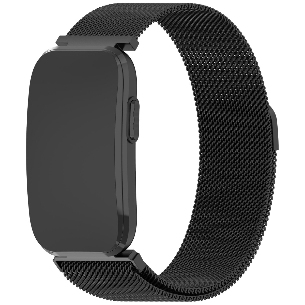 Eine schwarze Smartwatch mit quadratischem Display und einem gewebten Metallarmband vor weißem Hintergrund.