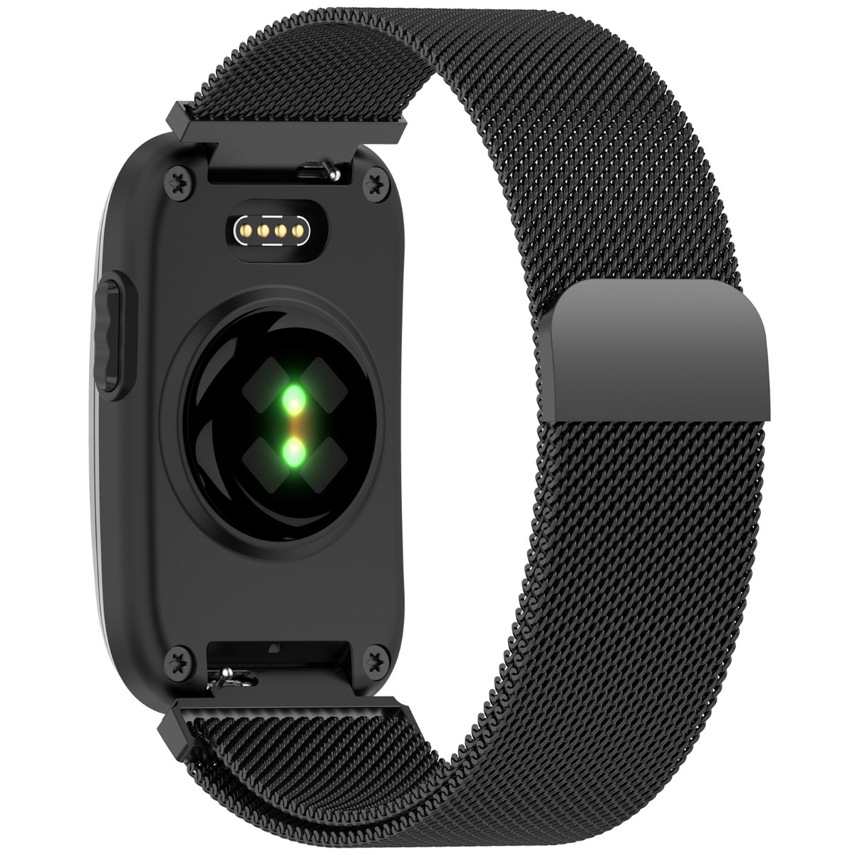 Rückansicht einer schwarzen Smartwatch mit Metallnetzarmband und grün leuchtenden Sensoren.