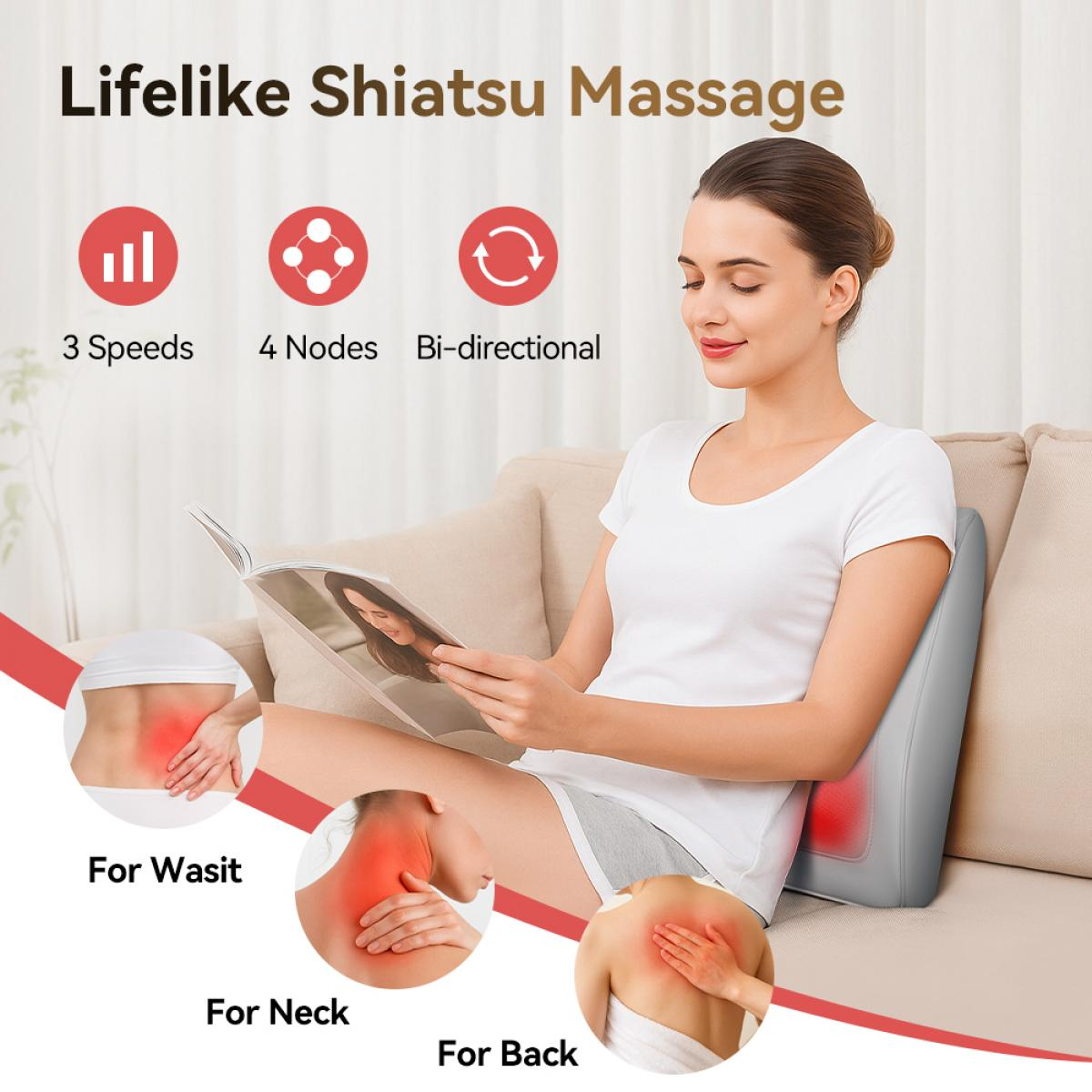Eine Frau liest ein Magazin auf einem Sofa mit einem Massagekissen im Rücken und Funktionssymbolen.