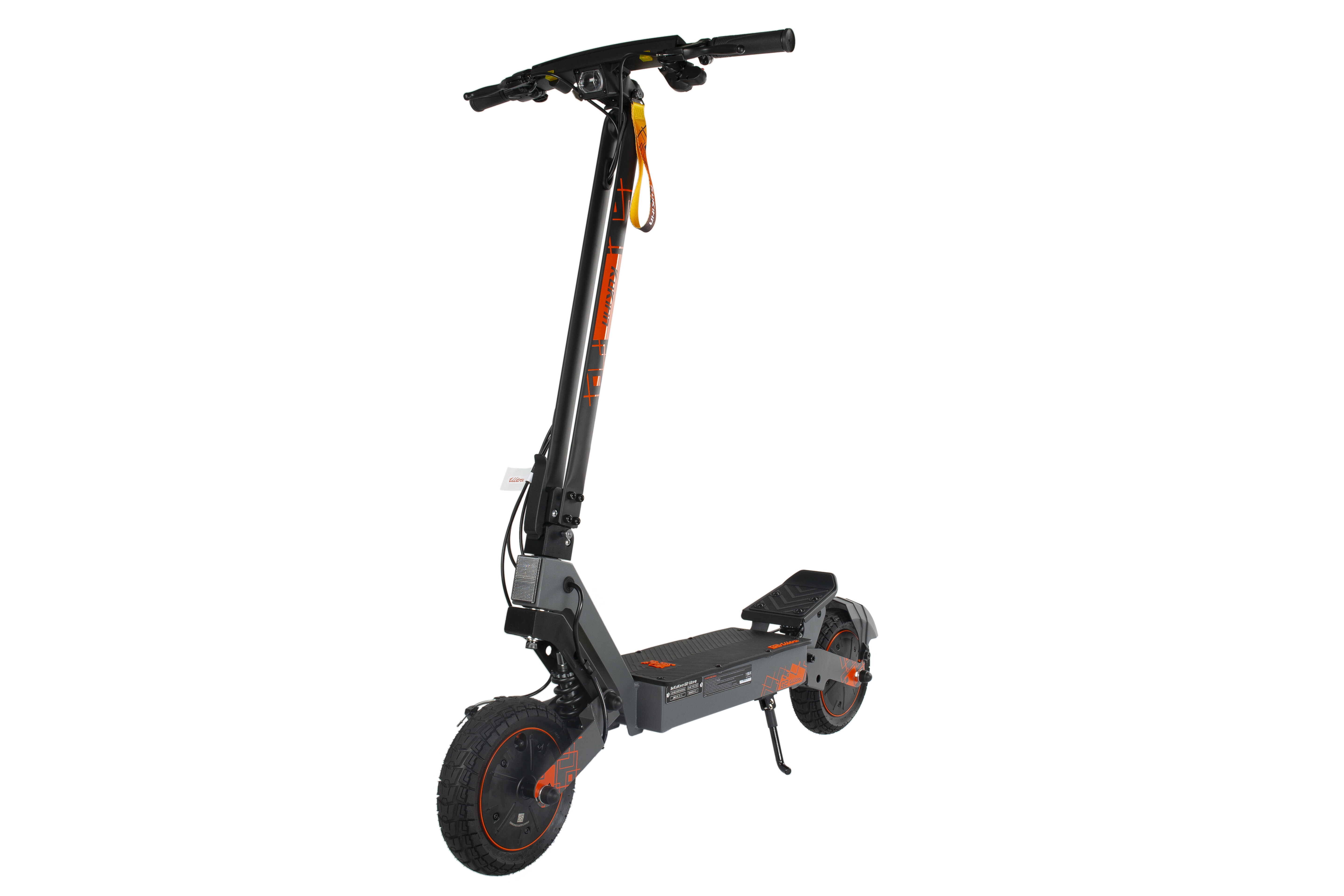 Ein grauer Elektroroller mit orangen Akzenten steht vor weißem Hintergrund.