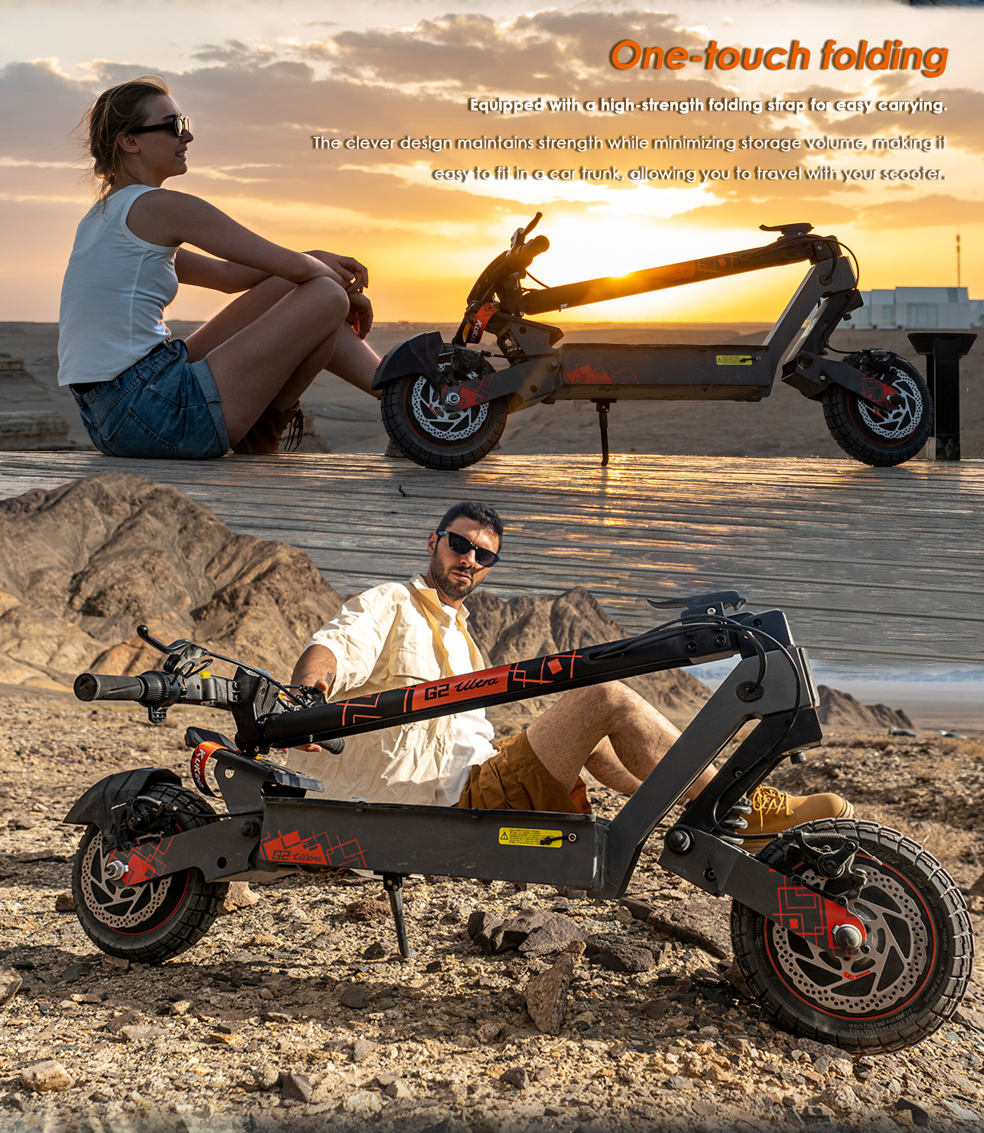 Eine Frau sitzt neben einem eingeklappten E-Scooter bei Sonnenuntergang, darunter ein Mann mit dem Scooter in einer Wüste.