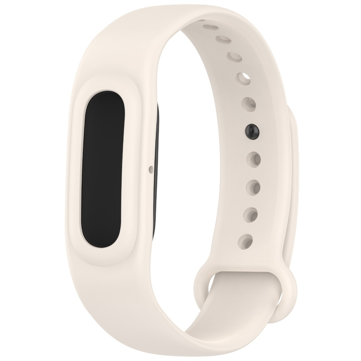 Ein cremefarbener Fitness-Tracker mit schwarzem Bildschirm und verstellbarem Silikonarmband vor weißem Hintergrund.