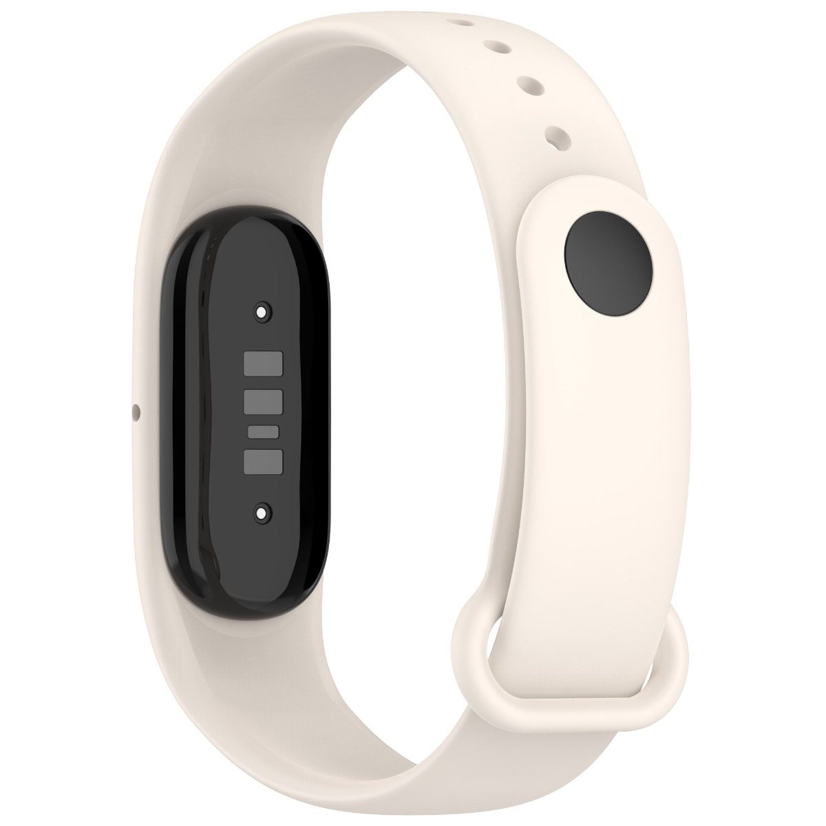 Ein beiger Fitness-Tracker mit schwarzem Display und Armband auf weißem Hintergrund.