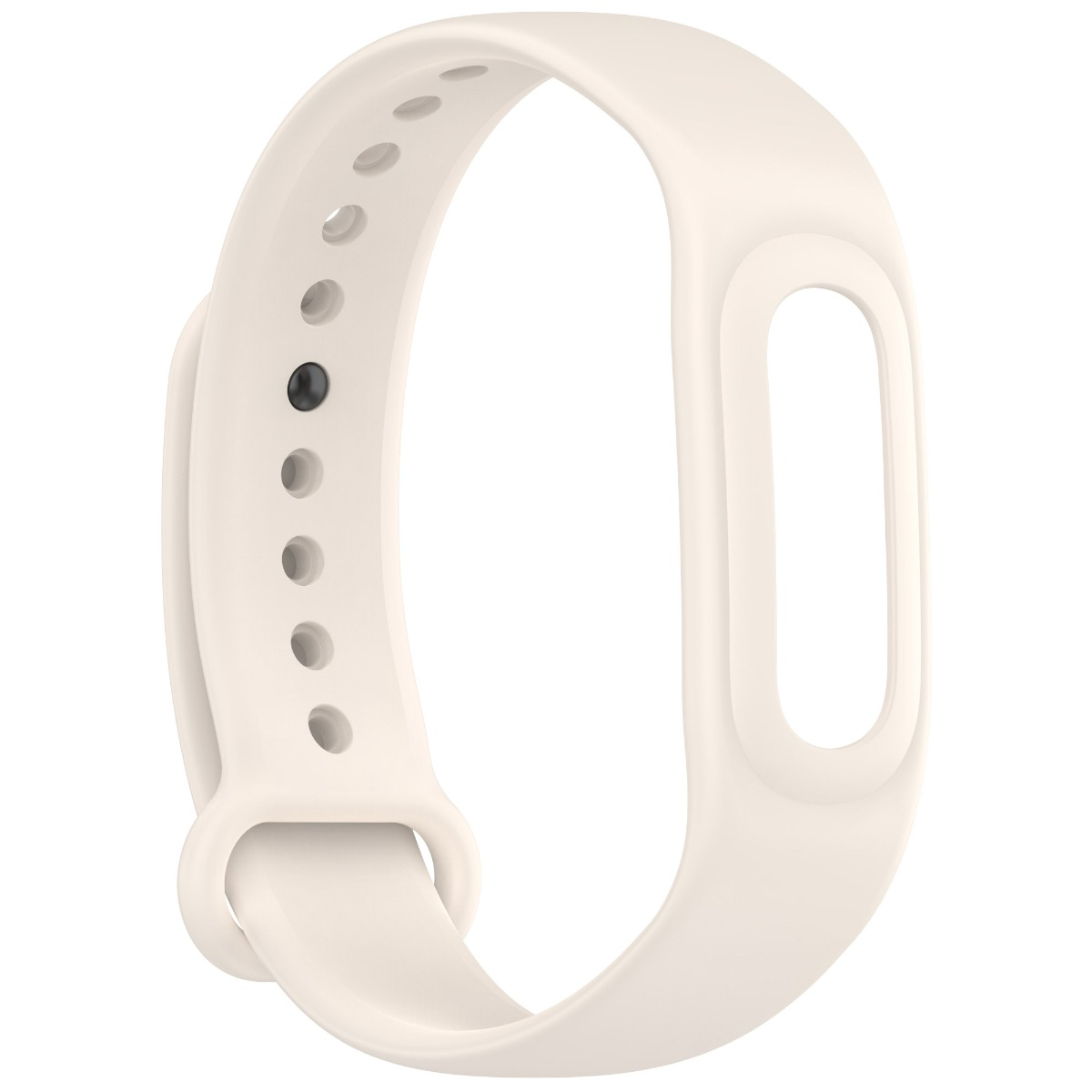 Ein hellbeiges Fitnessarmband aus Silikon mit Verschluss auf weißem Hintergrund.