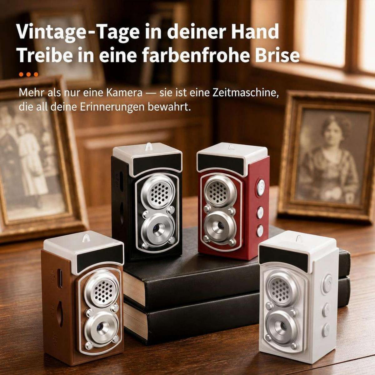 Vier farbenfrohe Lautsprecher im Retro-Kamera-Design auf Holztisch mit Text und alten Fotos im Hintergrund.