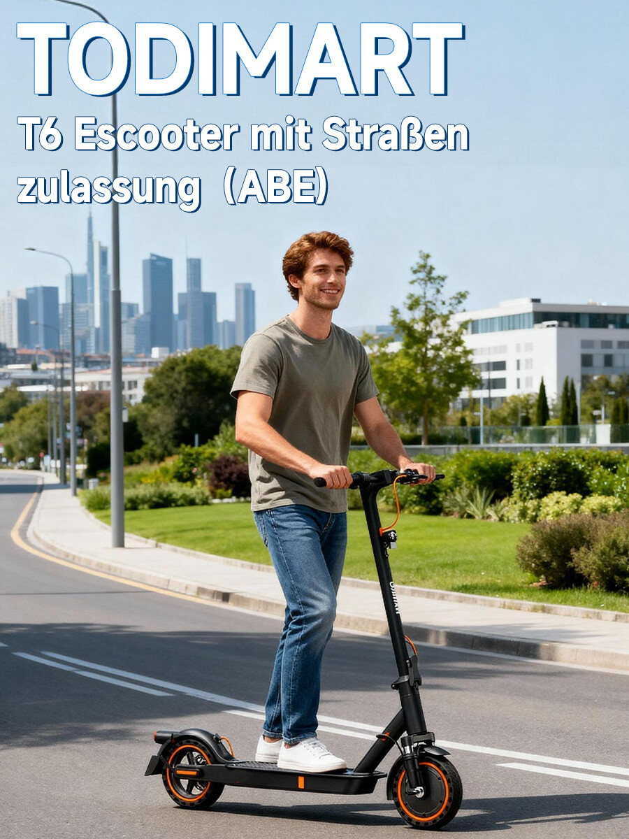 Ein junger Mann fährt auf einer städtischen Straße einen schwarzen E-Scooter mit orangefarbenen Akzenten.