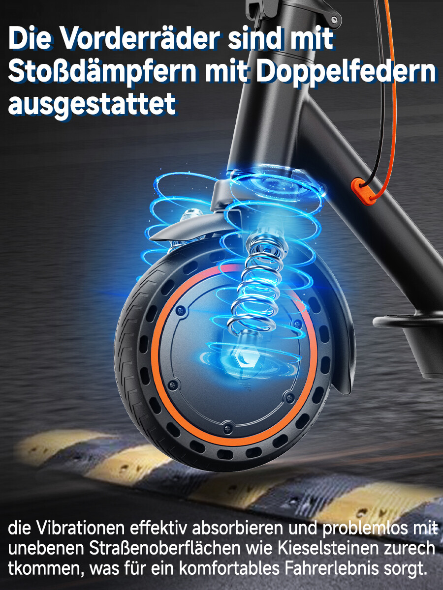 E-Scooter Vorderreifen mit Stoßdämpfern und blauen Federn, die Vibrationen auf unebenen Wegen absorbieren.
