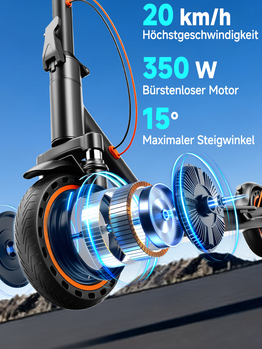 Diagramm zeigt den 350W-Motor eines E-Scooters mit technischer Beschreibung.