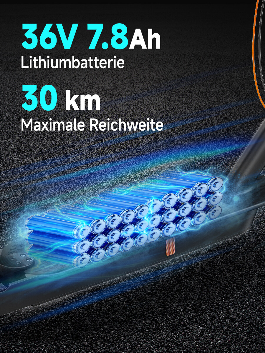 Grafik zeigt 36V 7.8Ah Lithiumbatterie und 30 km Reichweite eines E-Scooters.