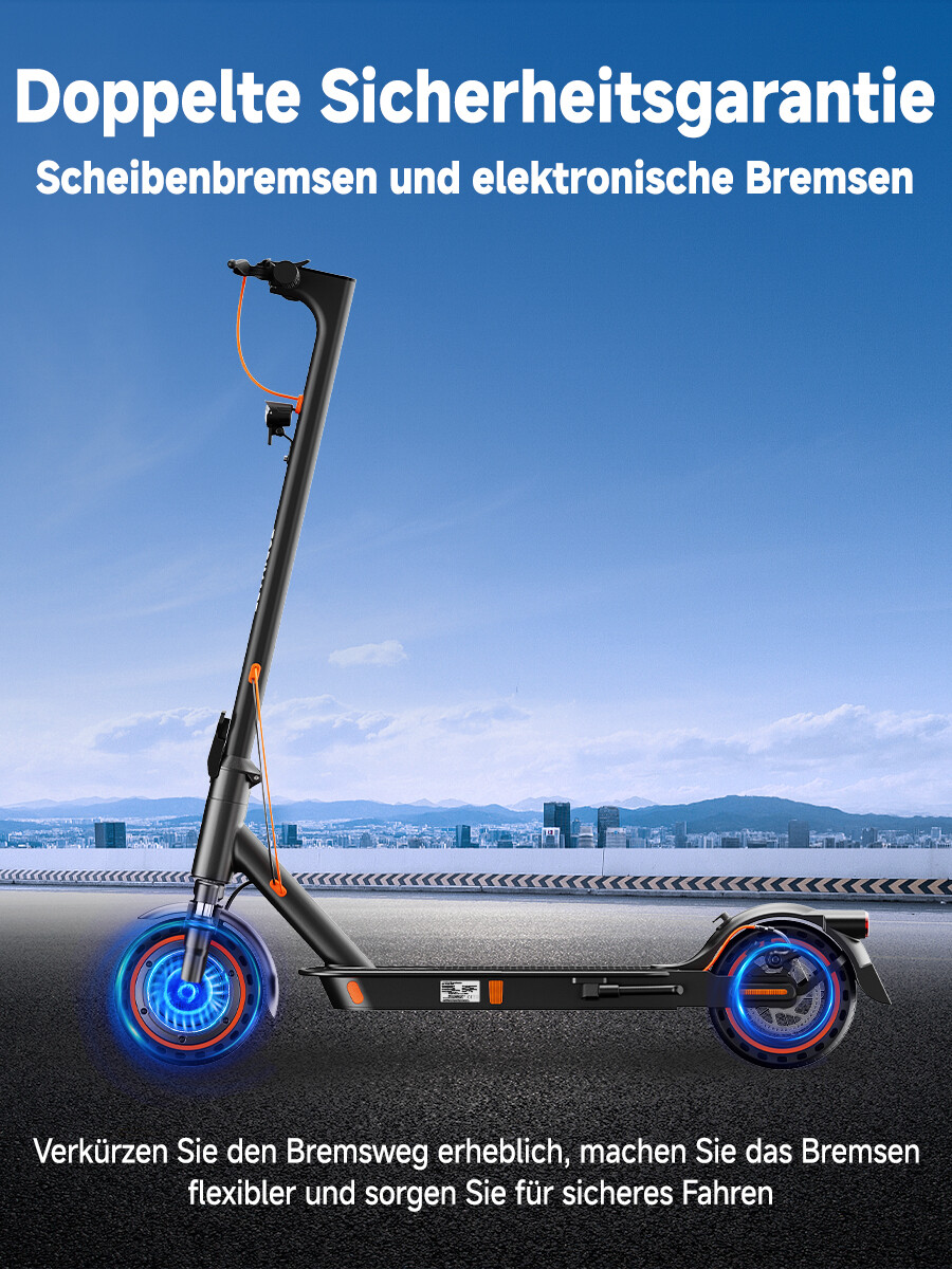 Schwarzer E-Scooter mit leuchtenden Rädern vor einer Stadtkulisse und deutschem Text über Sicherheit.
