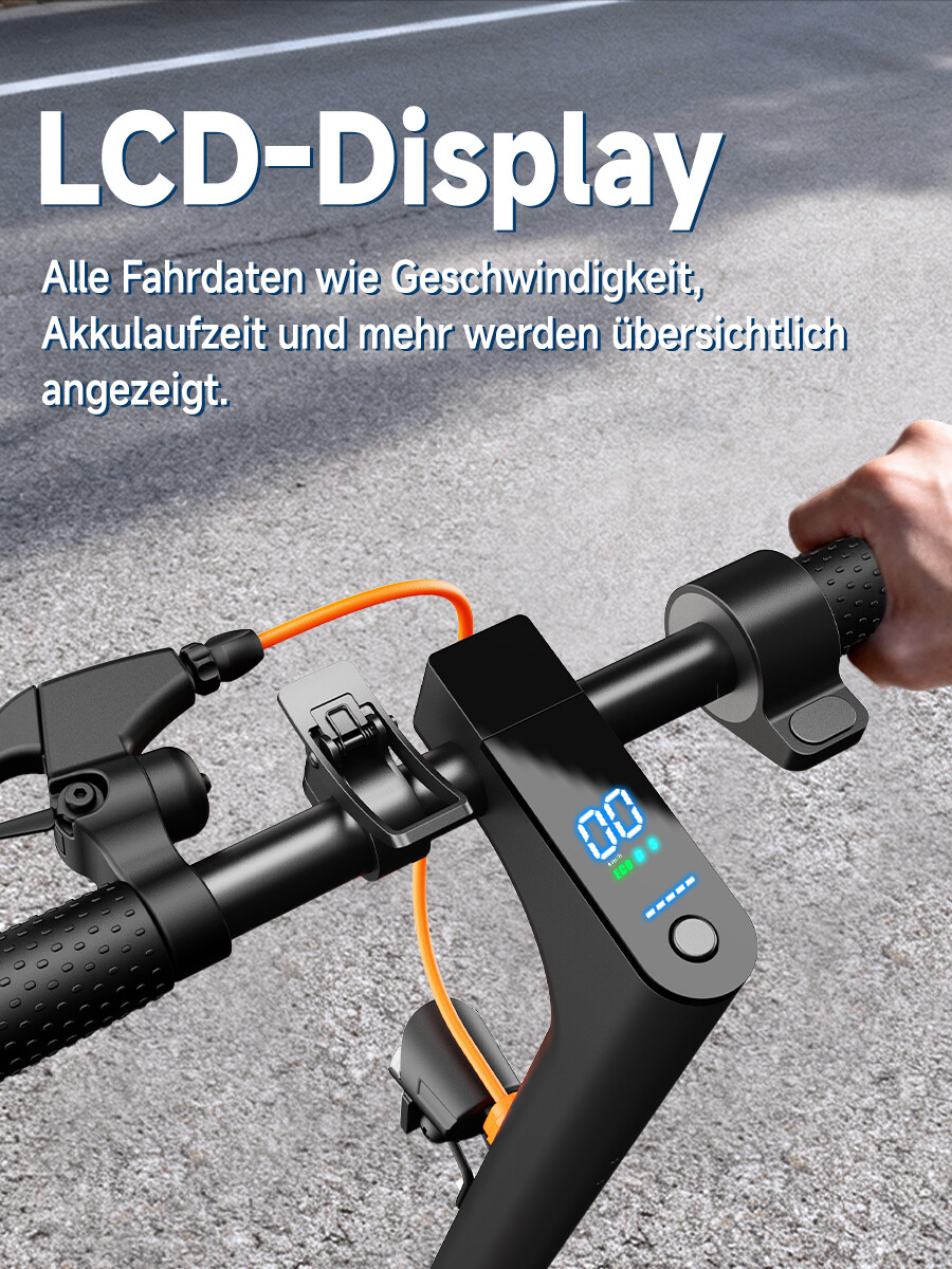 LCD-Display am E-Scooter-Lenker zeigt Fahrdaten an.