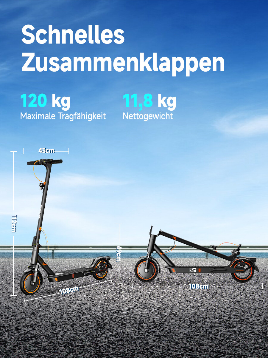 Ein schwarzer E-Scooter, aufgestellt und zusammengeklappt, mit technischen Maßangaben vor blauem Himmel.