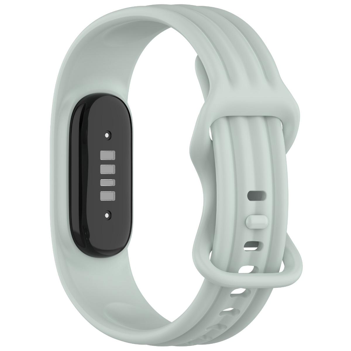 Ein hellgrünes Silikon-Fitnessarmband mit schwarzem Sensormodul und Metall-Ladekontakten auf der Rückseite.