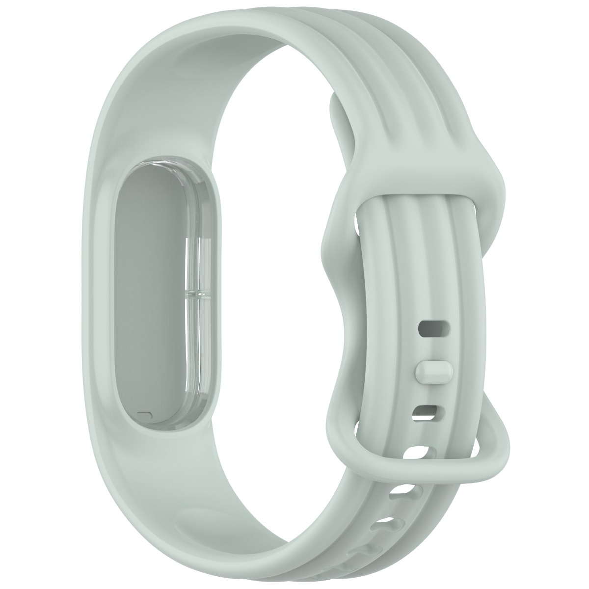 Ein hellgrünes Silikon-Smartwatch-Armband mit verstellbarer Schnalle auf weißem Hintergrund.