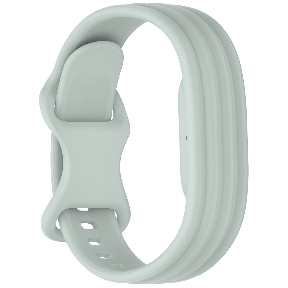 Ein hellgrünes Fitnessarmband aus Silikon ist geschlossen vor weißem Hintergrund zu sehen.
