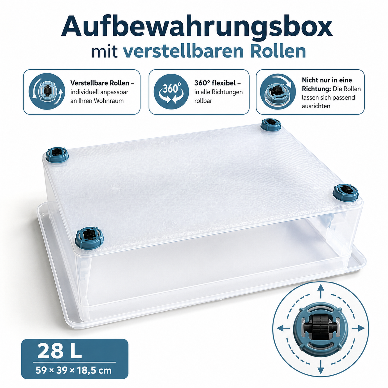Transparente Aufbewahrungsbox mit 28L Inhalt und verstellbaren 360-Grad-Rollen an den Ecken.