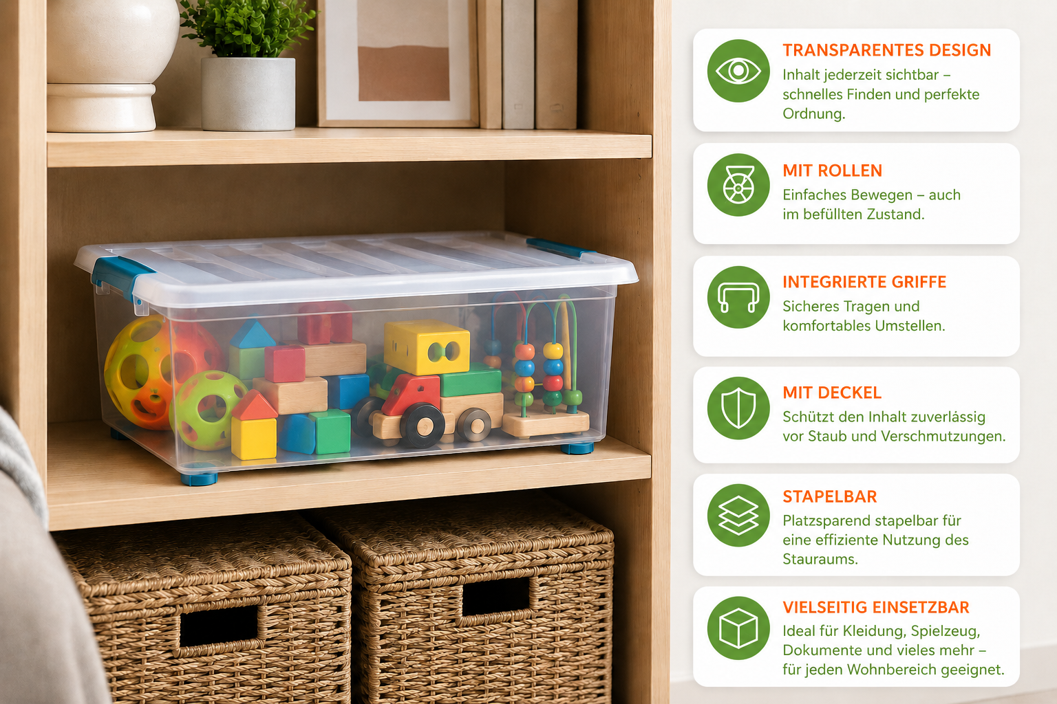 Transparente Aufbewahrungsbox mit Spielzeug im Regal, flankiert von Produktvorteilen in deutscher Sprache.