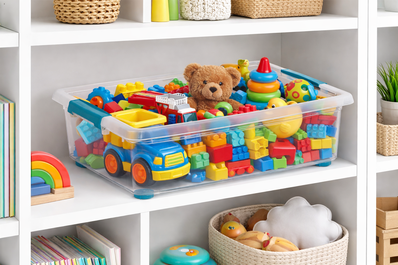 Eine große transparente Kiste voller bunter Spielsachen, Bauklötzen, einem Teddybären und einem blauen Lastwagen auf einem Regal.