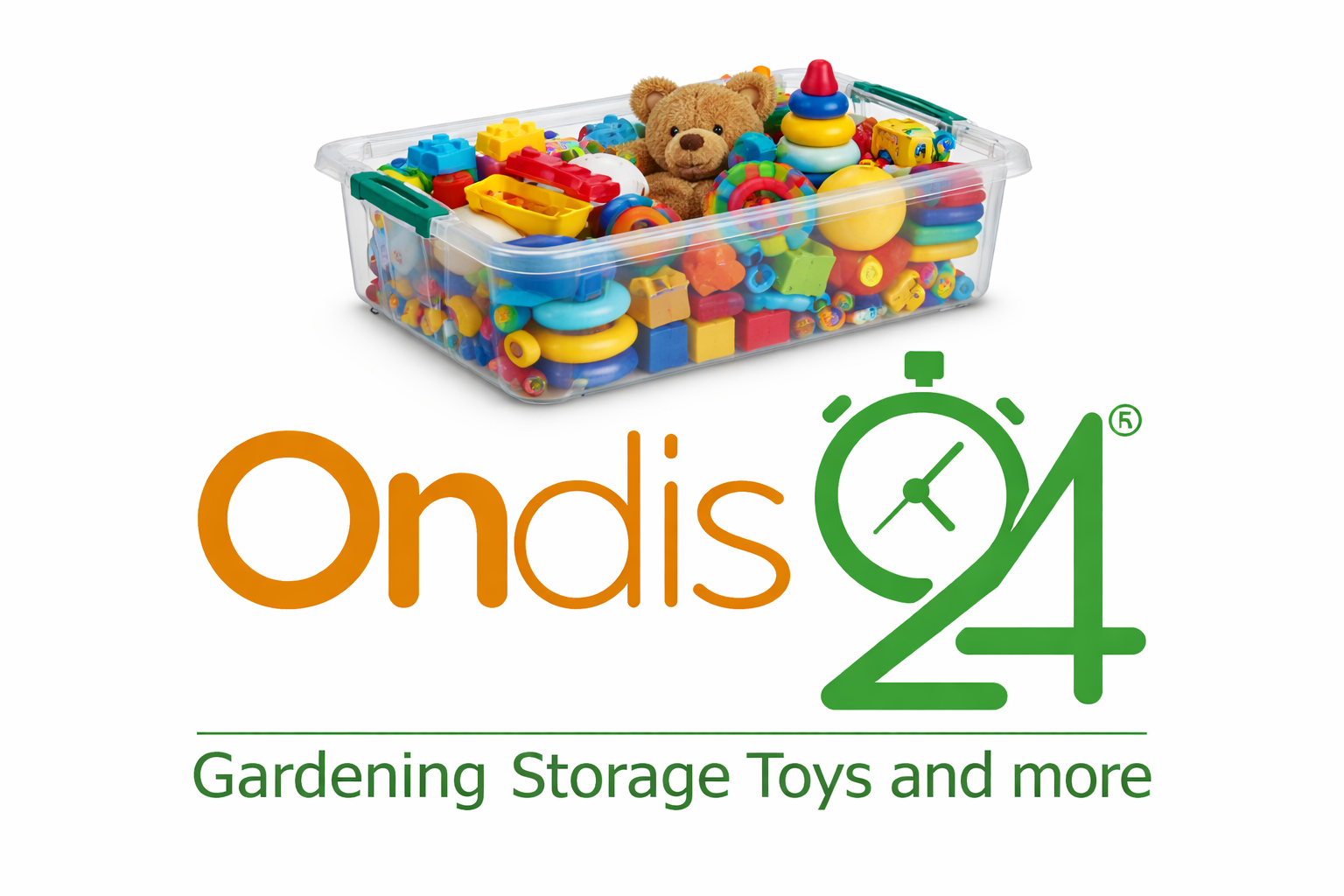 Transparente Spielzeugkiste gefüllt mit bunten Spielzeugen und einem Teddybär über dem Ondis24-Logo.