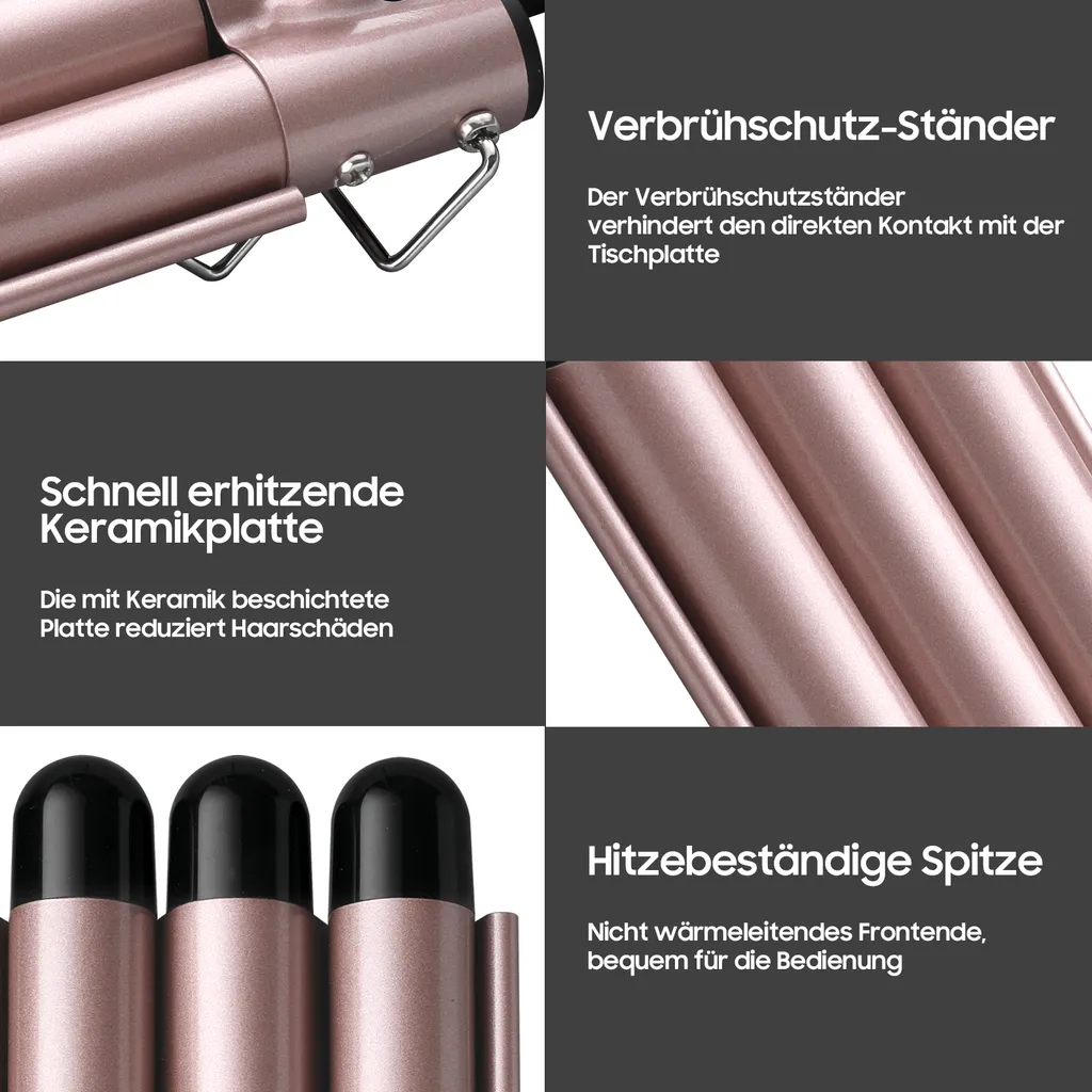 Ein Produktbild zeigt die Merkmale eines rosa Lockenstabes mit Standfuß, Keramikplatten und hitzebeständigen Spitzen.