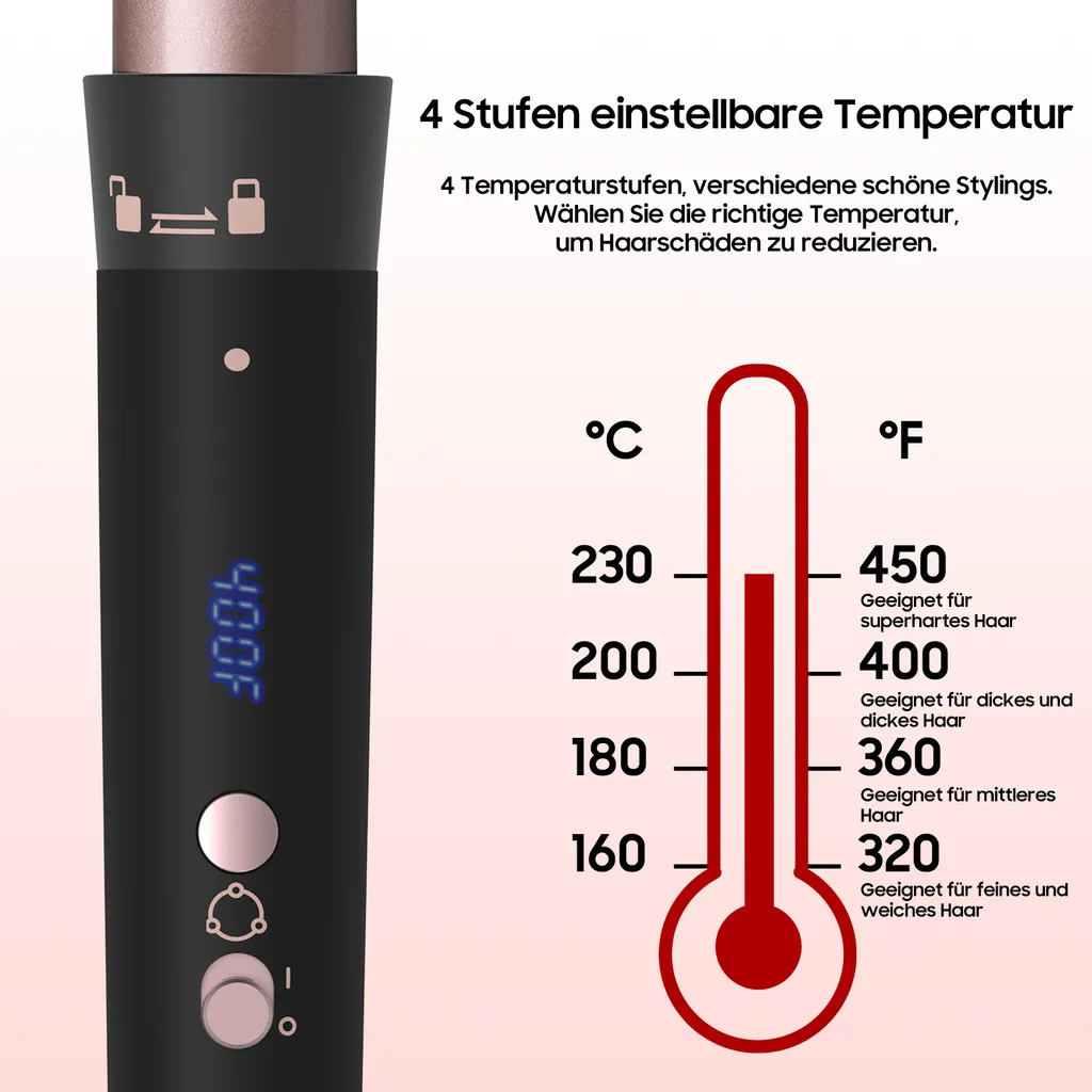 Haarstyling-Gerät mit 4 einstellbaren Temperaturen von 160°C bis 230°C für verschiedene Haartypen.