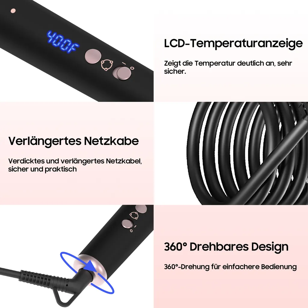 Produktmerkmale eines Haarglätters: LCD-Display, langes Kabel und 360-Grad-Drehgelenk.