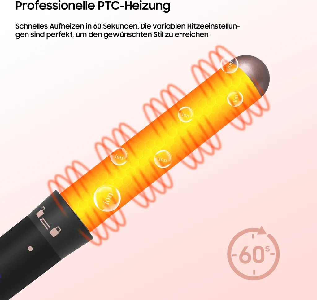 Glätteisen mit leuchtend orangem Keramikstab und Ionenbläschen auf rosa Hintergrund.