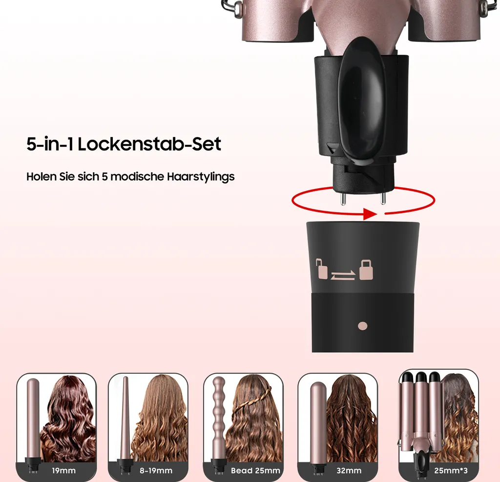 Ein 5-in-1 Lockenstab-Set mit austauschbaren Aufsätzen für verschiedene Frisuren und abgebildeten Haarstilen.