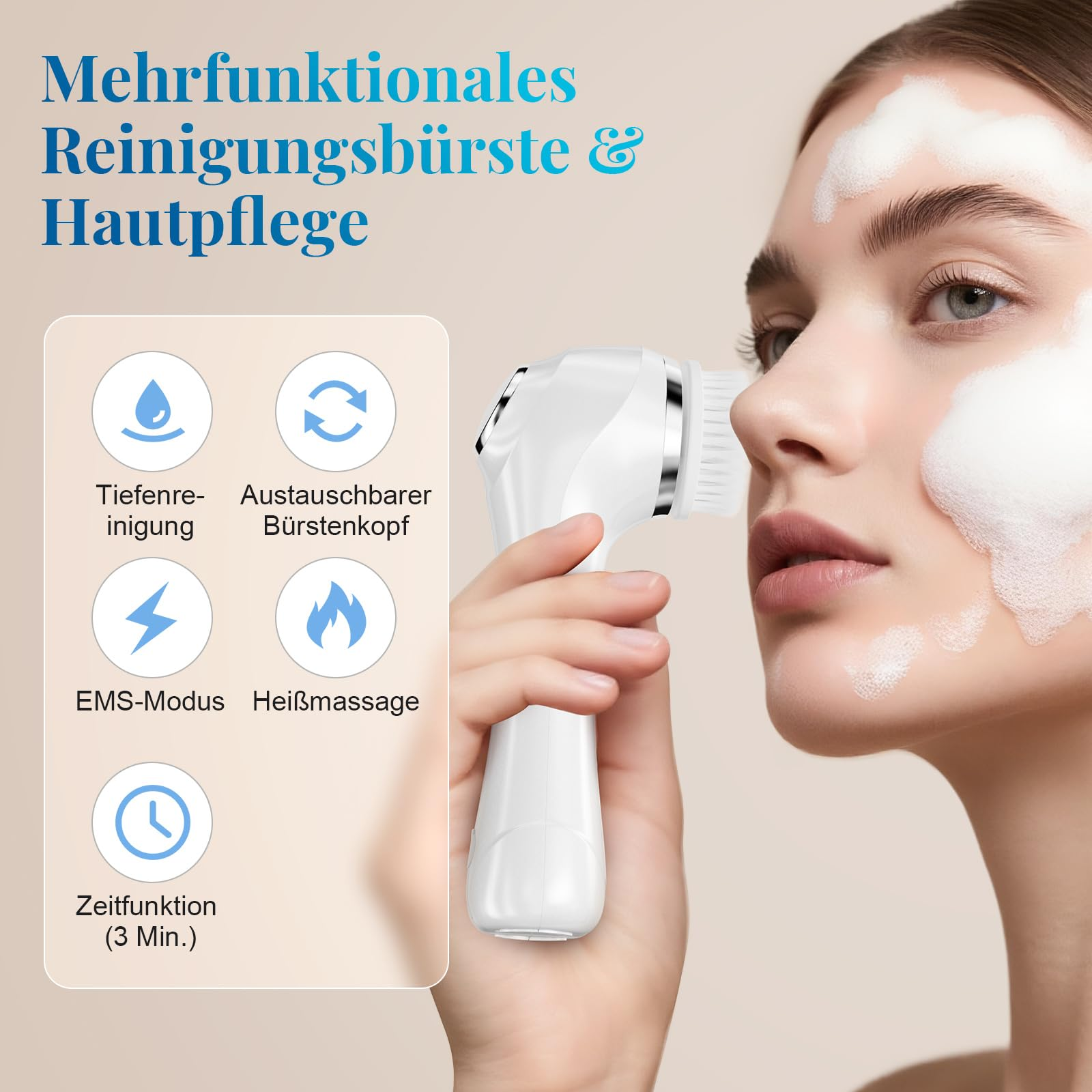Frau mit Reinigungsschaum im Gesicht hält eine weiße Gesichtsbürste neben Symbolen mit Produktfunktionen.