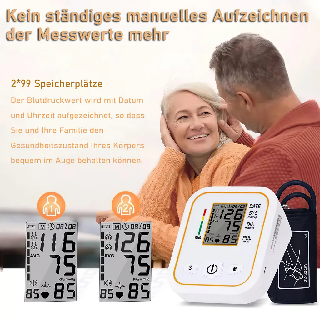 Ein älteres Paar lächelt, während ein digitales Blutdruckmessgerät und deutsche Werbetexte im Vordergrund zu sehen sind.