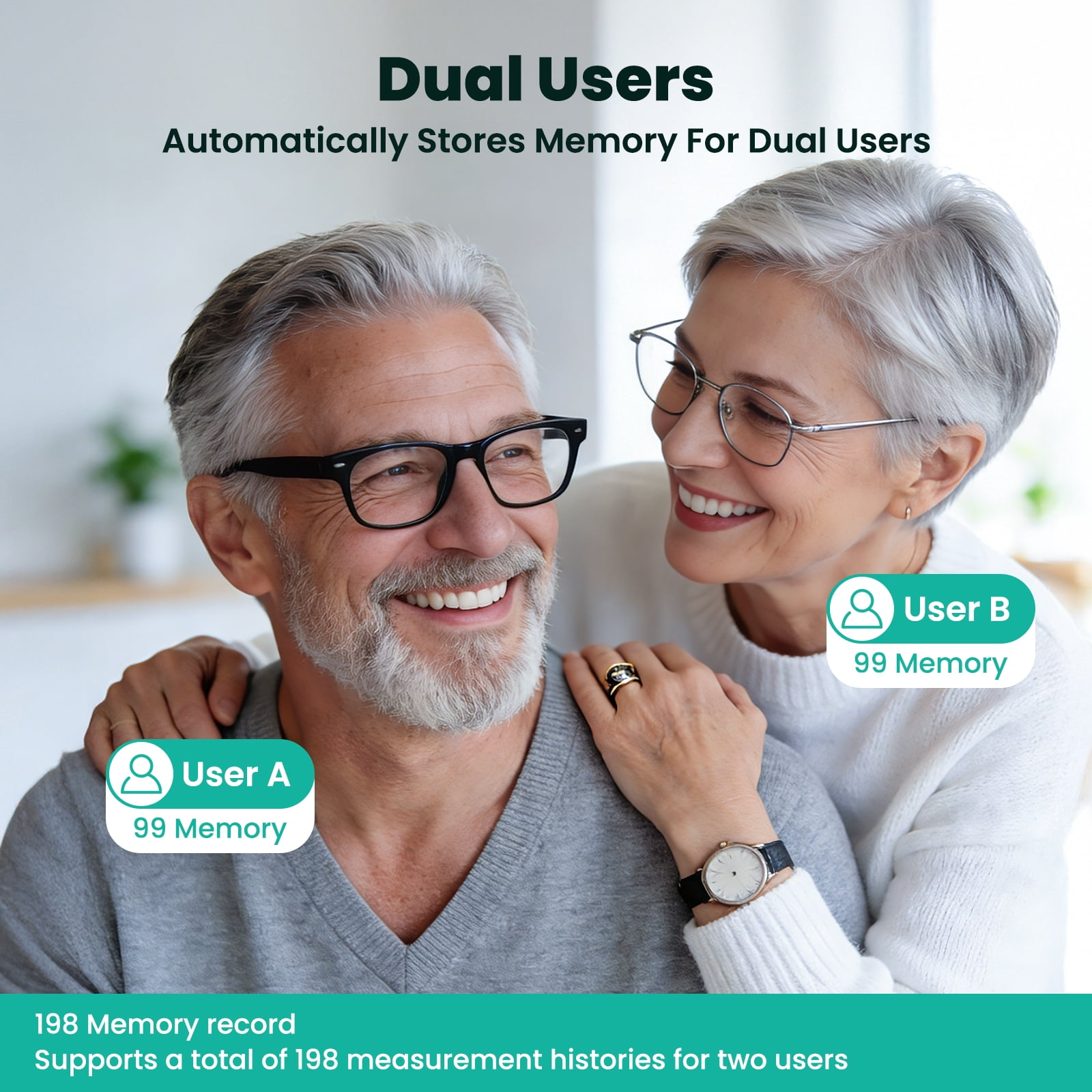 Älteres Paar lächelt glücklich; Text über Dual-Benutzer-Speicherfunktion.