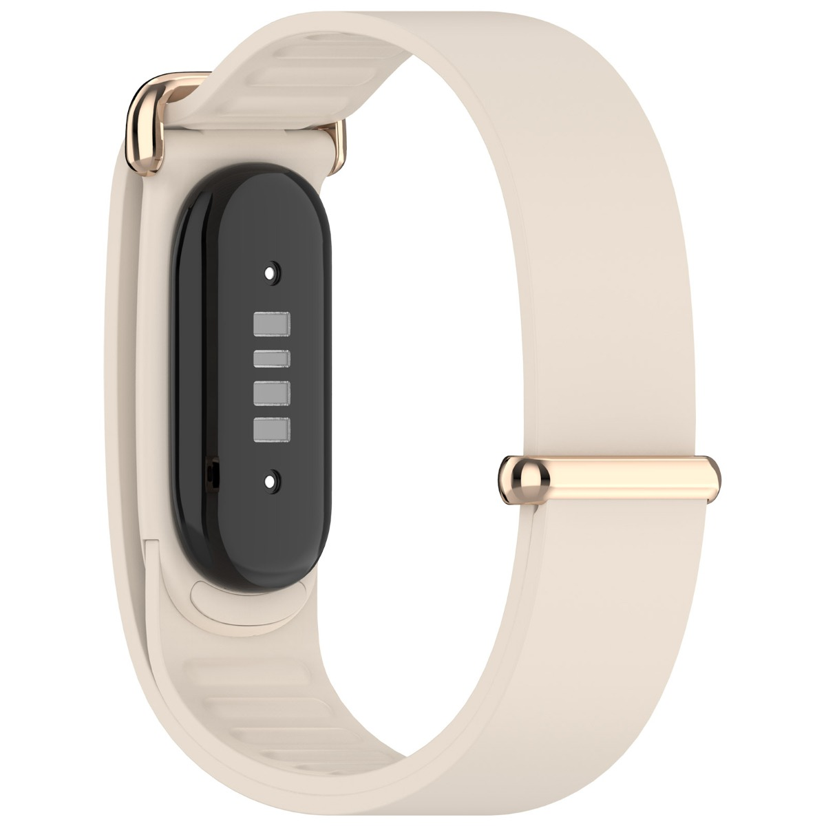Beigefarbener Fitness-Tracker mit goldfarbenen Akzenten und schwarzer Sensoreinheit auf der Rückseite gegen weißem Hintergrund.