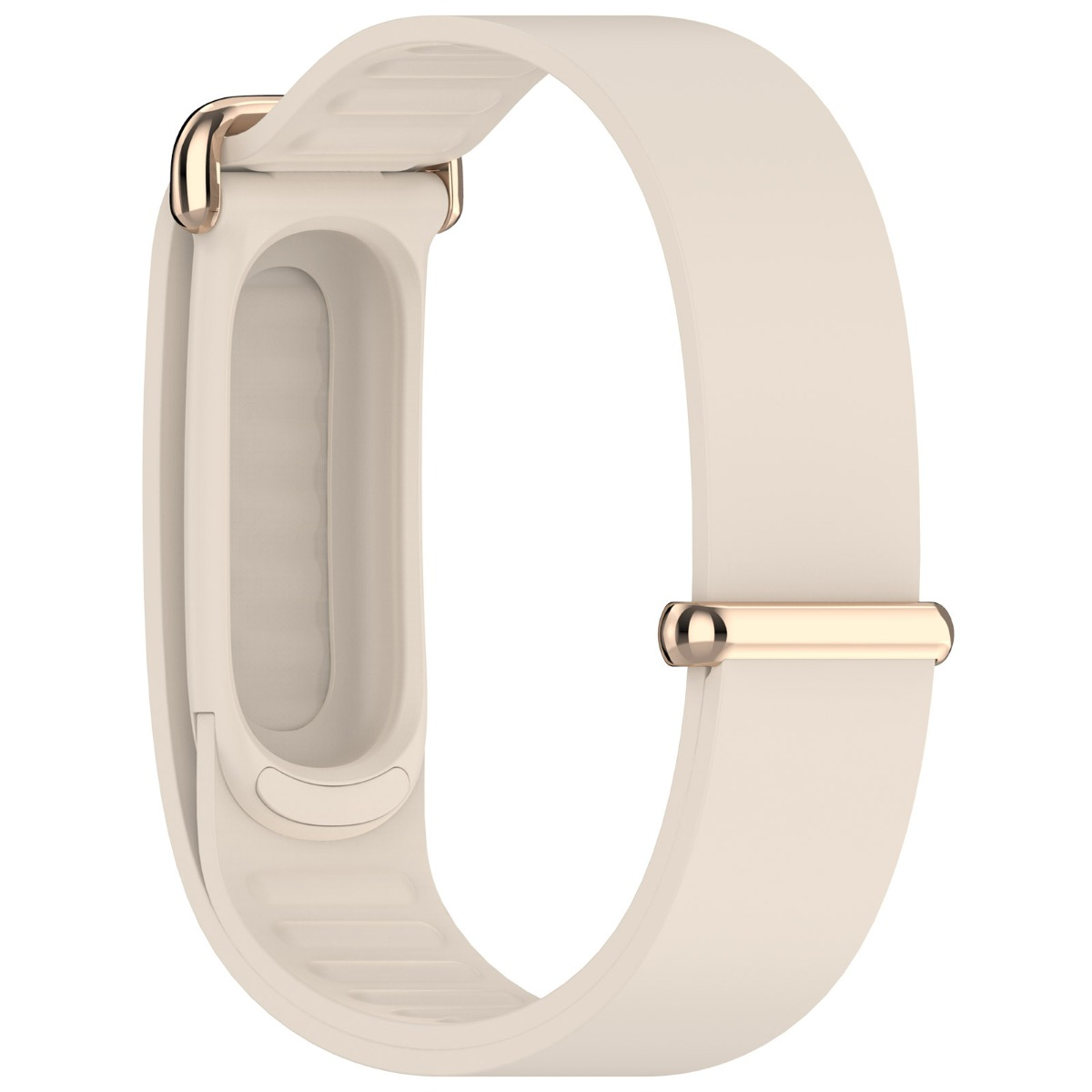 Beiges Fitnessarmband mit rosévergoldeten Metallelementen auf weißem Hintergrund.