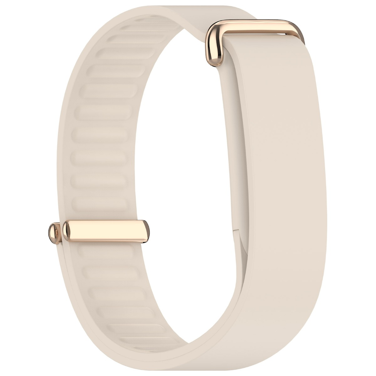 Ein beiges Fitnessarmband aus Silikon mit roségoldenen Metallverschlüssen vor weißem Hintergrund.