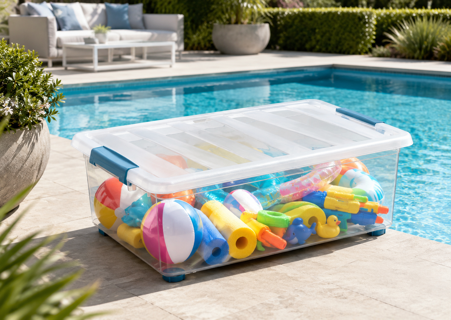 Transparente Aufbewahrungsbox voller bunter Poolspielzeuge steht am Rand eines Swimmingpools.