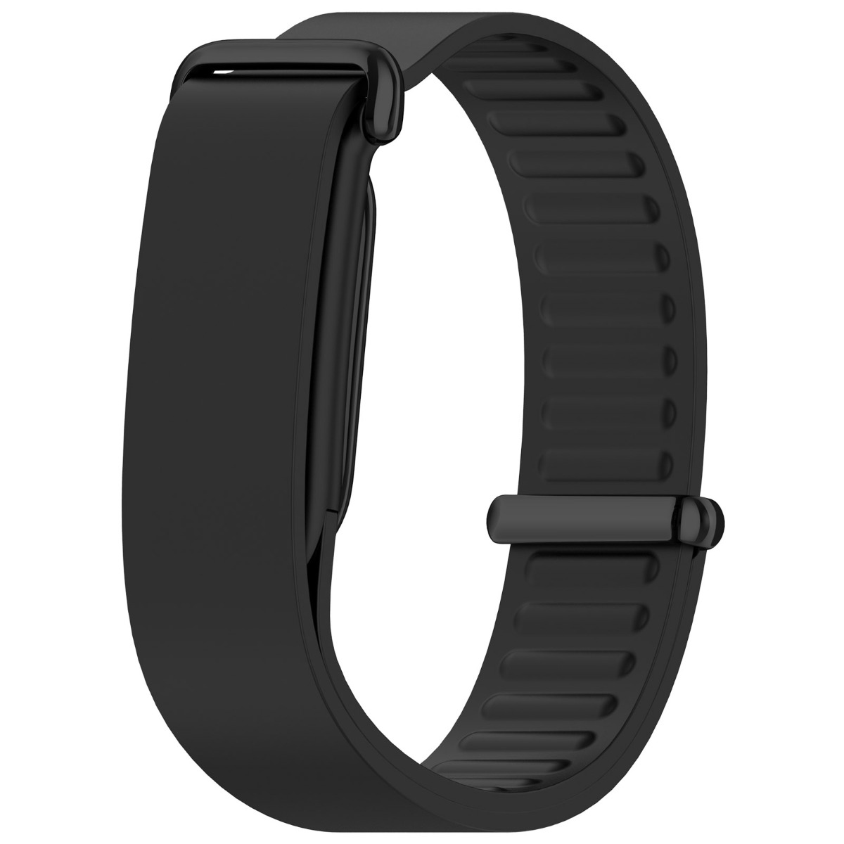 Ein schwarzes Silikonarmband mit einer Metallschnalle vor weißem Hintergrund.