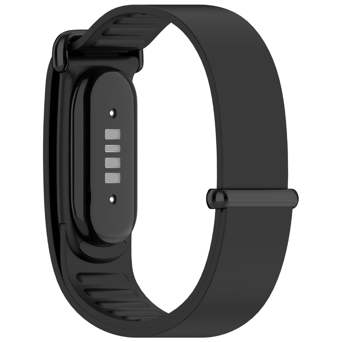 Schwarzes Fitnessarmband mit Ladekontakten und integriertem Riemen auf hellem Hintergrund.