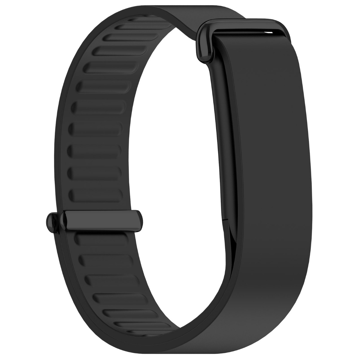 Ein schwarzes Fitnessarmband mit gerippter Innenseite und glattem Verschluss vor weißem Hintergrund.