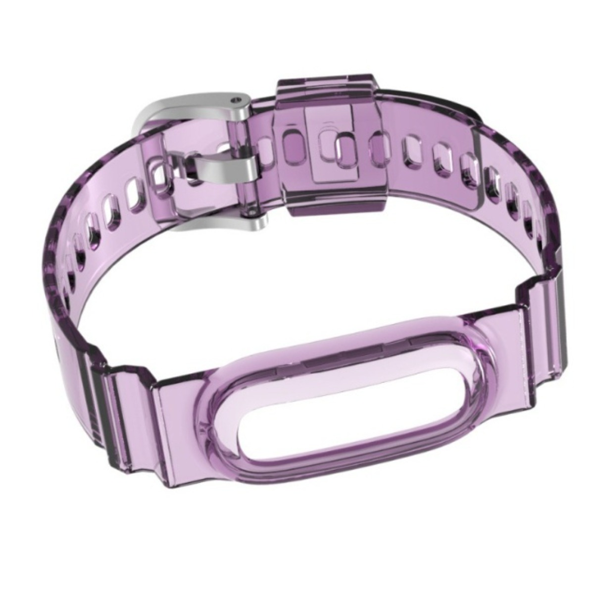 Ein durchsichtiges, violettes Fitnessarmband mit silberner Schließe vor weißem Hintergrund.