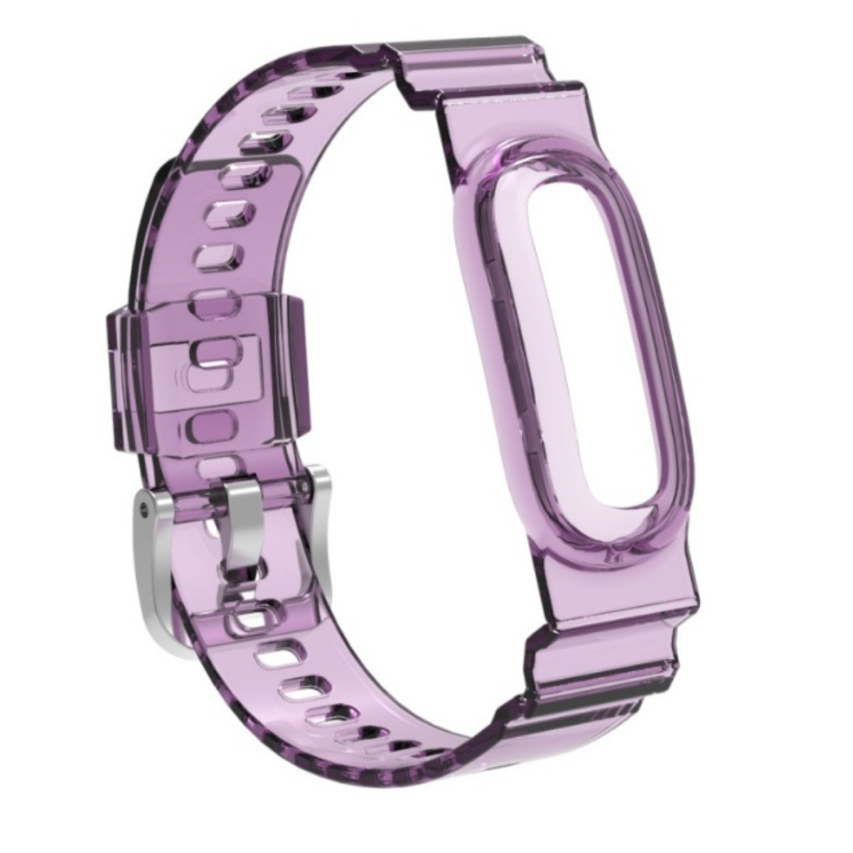 Durchsichtiges lilafarbenes Smartwatch-Armband mit silberner Schließe vor weißem Hintergrund.