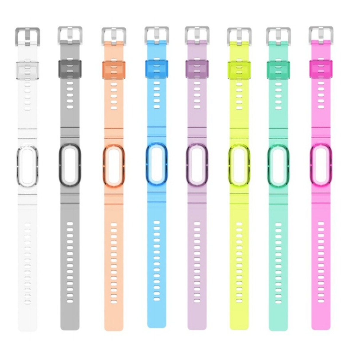 Acht bunte, durchsichtige Fitnessarmbänder in weiß, grau, orange, blau, lila, gelb, grün und rosa auf weißem Hintergrund.