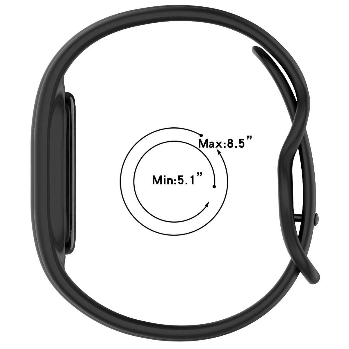 Ein schwarzes Fitness-Tracker-Armband mit Größendiagramm Min 5.1" und Max 8.5" auf weißem Hintergrund.
