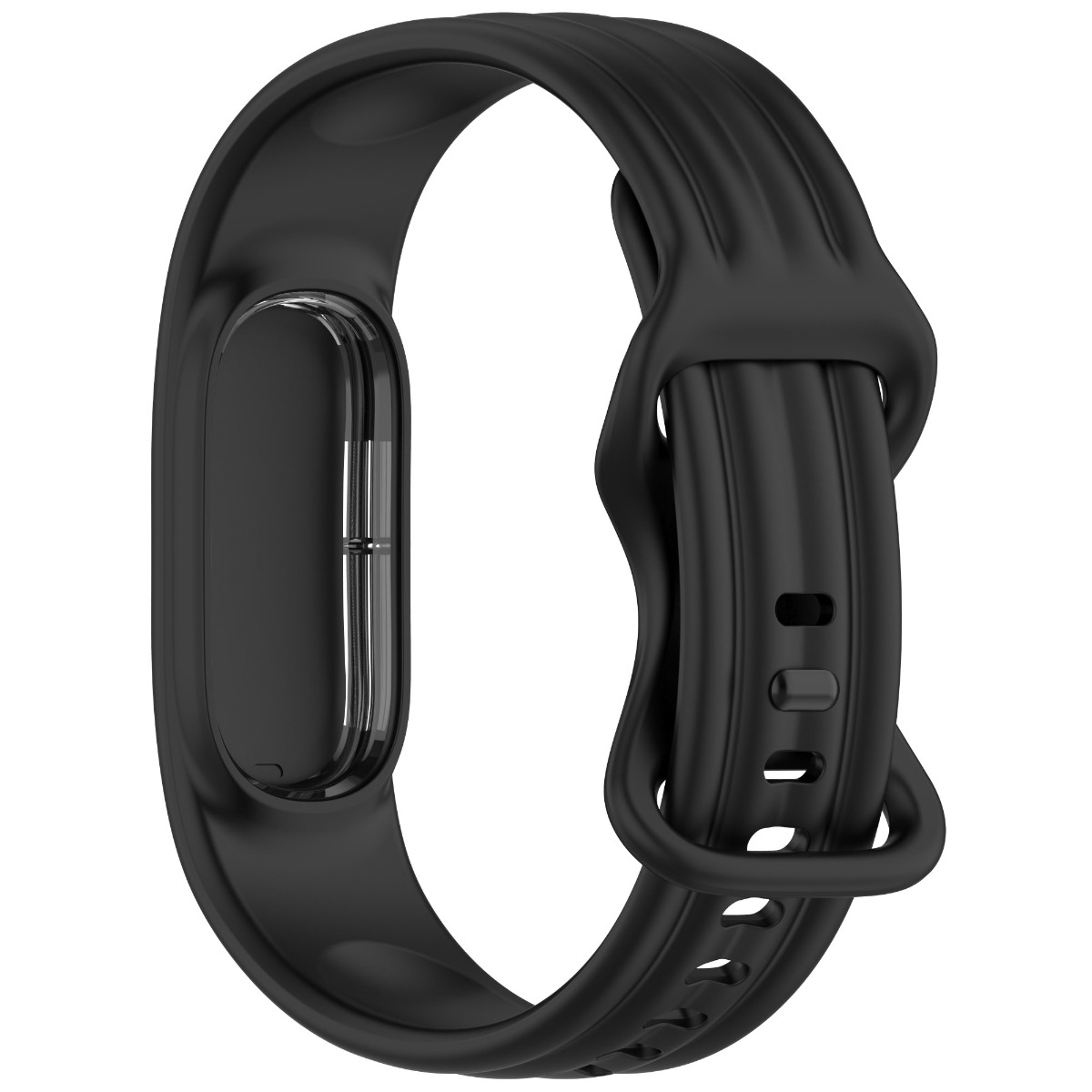 Ein schwarzes Silikonarmband mit Schnalle und ovalem Gehäusehalter auf einem weißen Hintergrund.