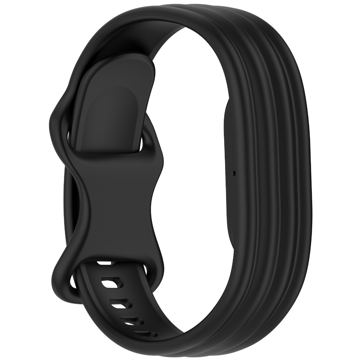 Ein schwarzes Silikonarmband mit einer Dornschließe und geripptem Design auf weißem Hintergrund.