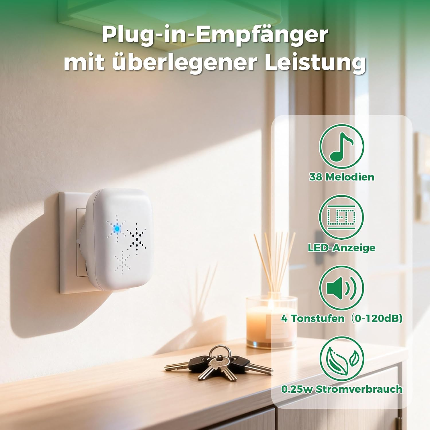 Weißer Steckdosen-Empfänger mit blauer LED an einer Wand, daneben ein Tisch mit Schlüsseln und Duftkerze.