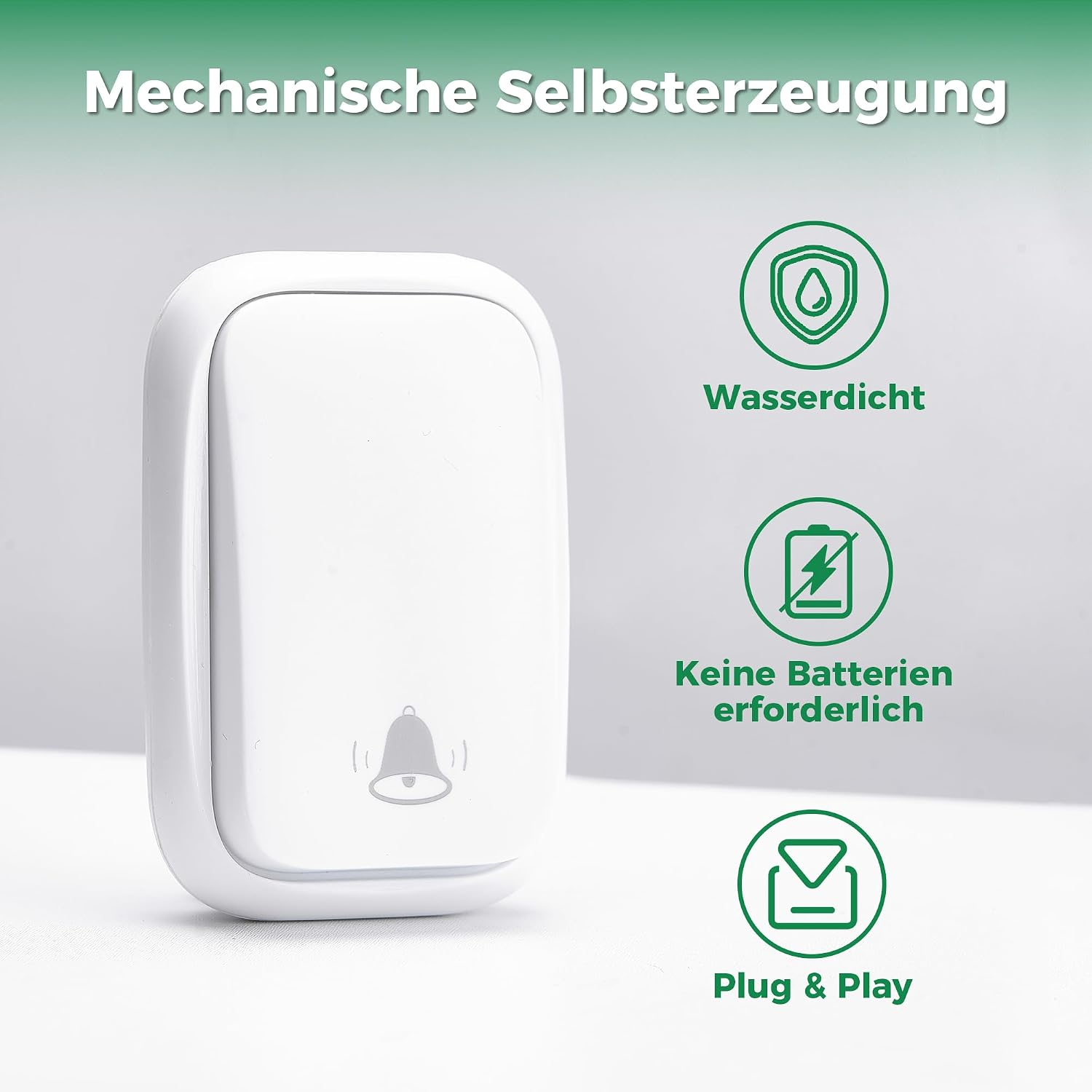 Wasserdichte, batterielose Funkklingel mit mechanischer Selbstzerzeugung.