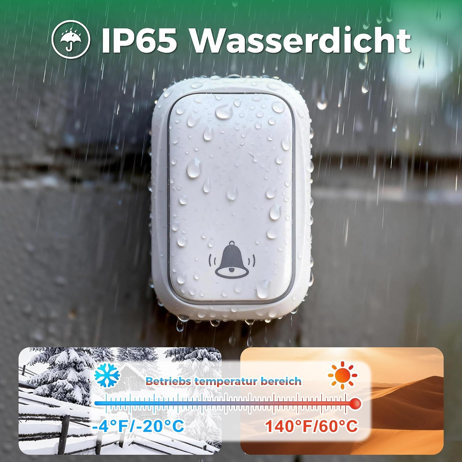 Wasserdichte weiße Türklingel im Regen mit Temperaturanzeige von -20°C bis 60°C.