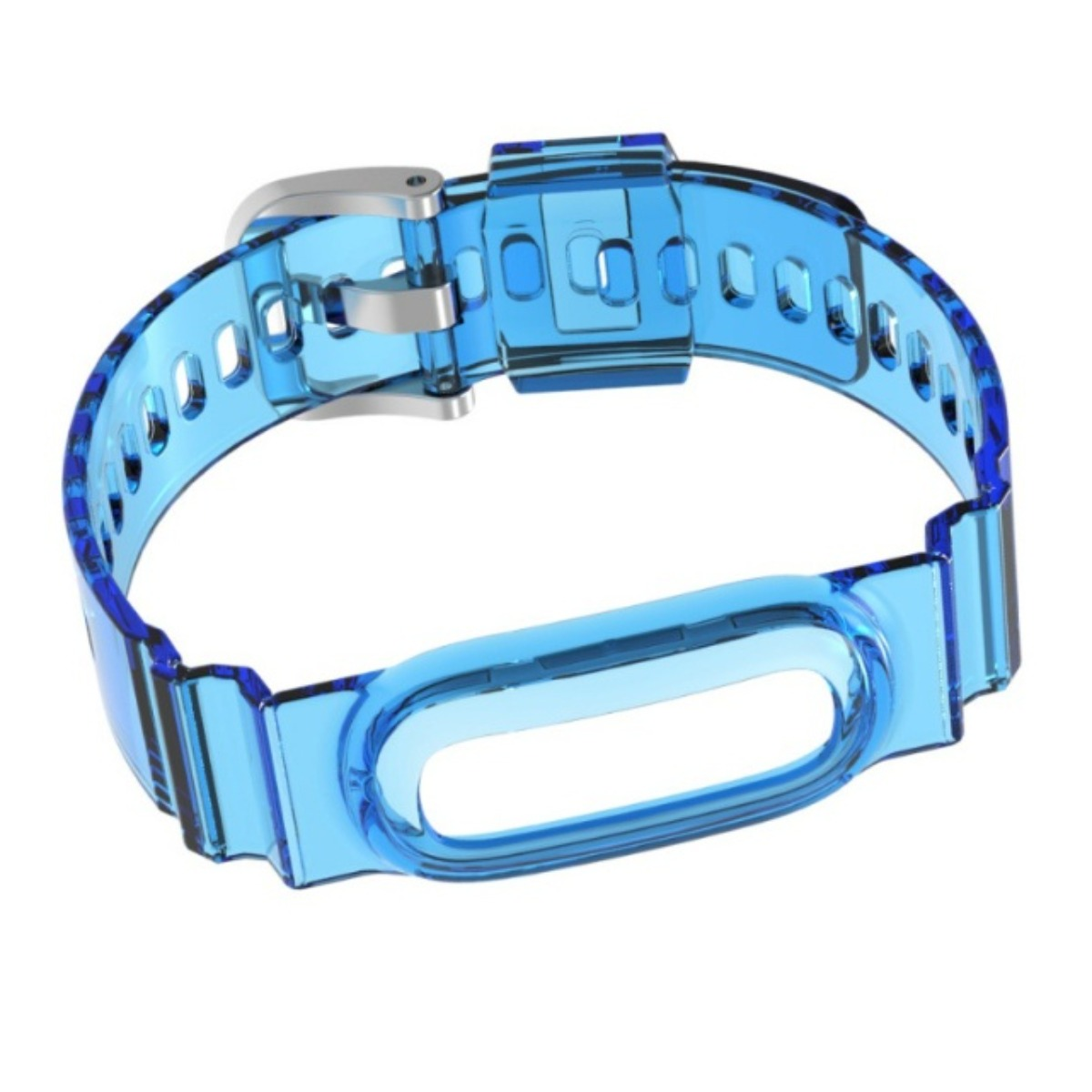 Durchsichtiges blaues Fitnessarmband mit silberner Schließe und ovaler Öffnung auf weißem Hintergrund.