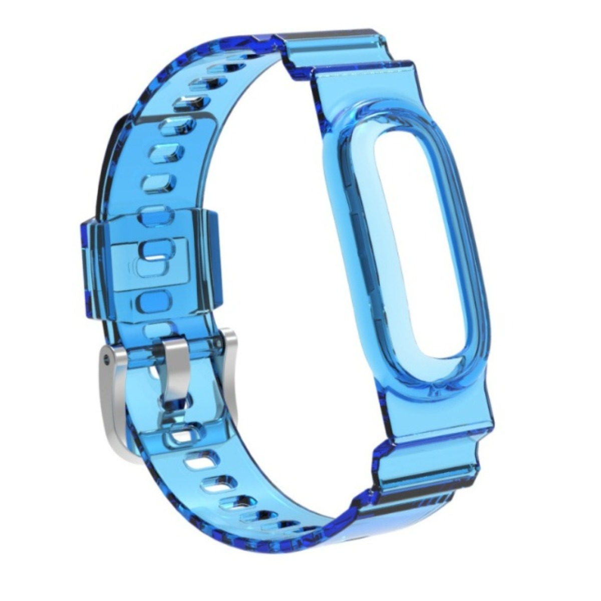 Ein transparentes, blaues Fitnessarmband mit einer silbernen Schnalle und einem ovalen Gehäuse.