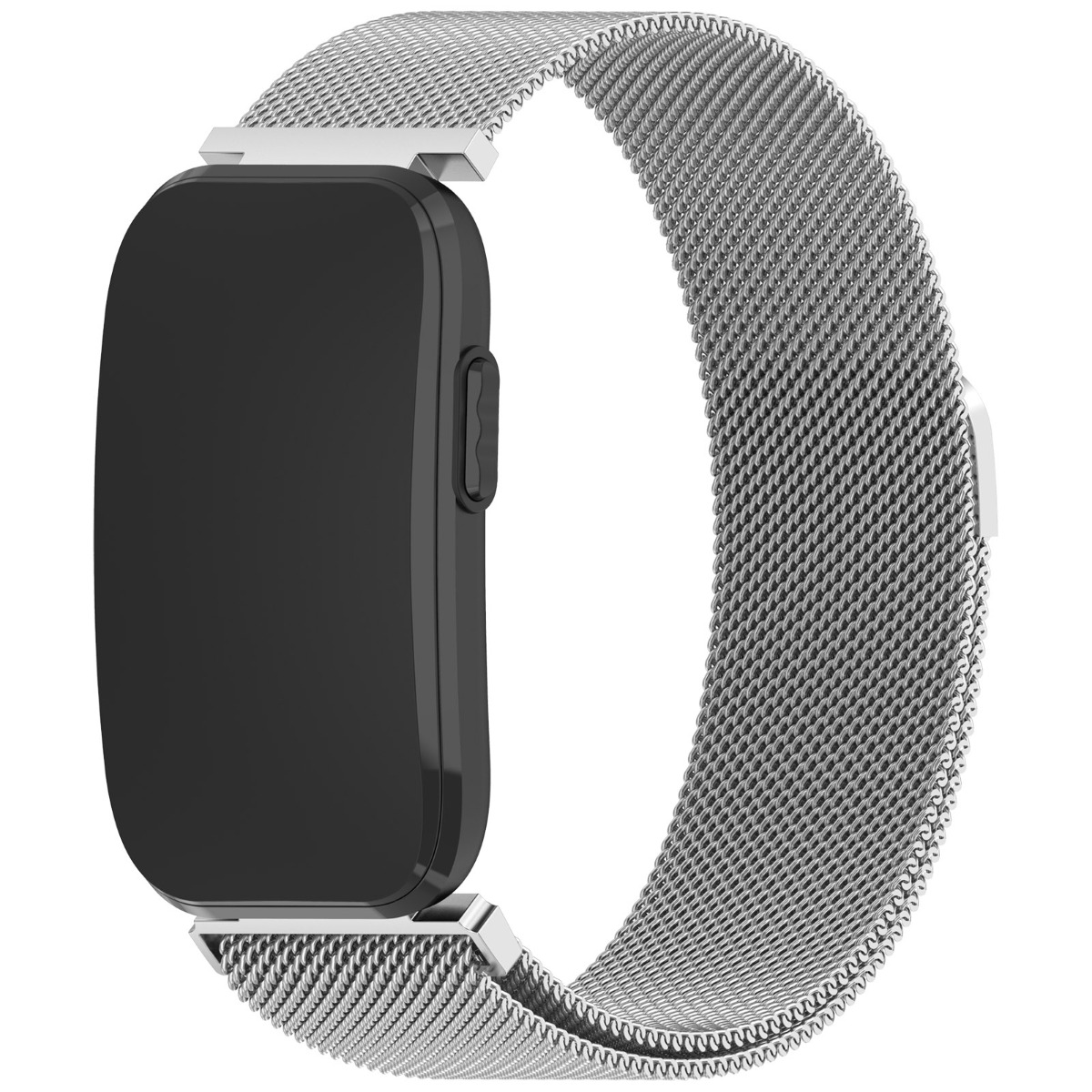 Eine elegante Smartwatch mit einem schwarzen Display und einem flexiblen silbernen Metallarmband.